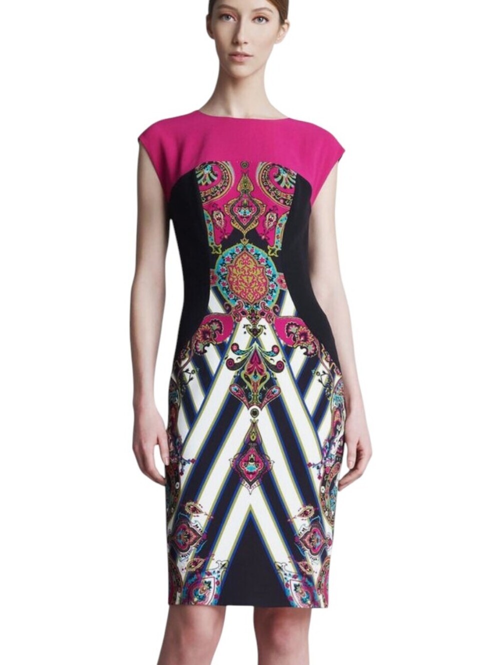 Etro Sheath Midi Sleeveless Dress Magenta Black Classic Made In Italy